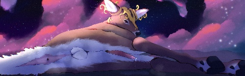 A transfemme deer, lying on her side, with her rear towards the viewer and her tail flagged, revealing her tailhole. Her balls are hanging out between her closed legs, and her penis is sticking out between them a bit below that, dripping precum into a puddle on the ground. Over backside are clouds of musk. Her head is looking over her shoulder, back at the viewer. Her head is adorned with a golden crown resembling curling vines, which covers the spots on her head where antlers would grow from after shedding. She is lying on a flat, reflective surface, and glowing and lit up behind her are massive billowing clouds of a pink and purple nebula, filled with stars.