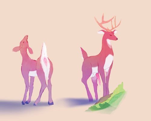 Two deer, positioned next to eachother.  One, without antlers, has her rear facing the viewer, and her tail flagged, with her pussy visible.  Her head is lifted up and is looking at the viewer.  The other, with antlers, is facing forward and looking somewhat away from the viewer.  Their cock is fully out and dripping