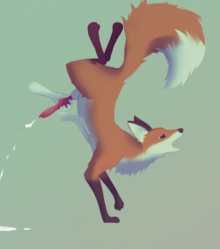 A sideview of a transfemme red fox, with one of her front paws touching the ground, and the others in the air. She is being lifted off the ground by two disembodied hands.  One of those hands is along her stomach supporting her, and the other is wrapped around her knot.  She is cumming, and her maw is open in pleasure.