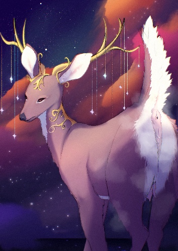 A transmasc deer, standing up with his rear towards the viewer, his tail flagged and revealing his tailhole and vulva, the latter of which is subtly dripping. Over his backside are clouds of musk. He is looking back over his shoulder towards the viewer. Atop his head is a golden crown taking the shape of curling vines, and from which large golden antlers sprout. His antlers have many glowing, blue and purple stars hanging off of strings tied to them. He is standing on a flat, dark, reflective surface, and behind him are the massive, billowing clouds of a nebula, oranges and reds and blues throughout, filled with stars.