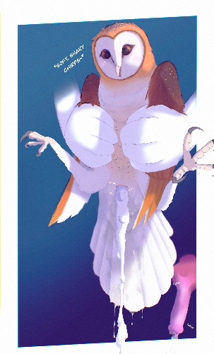 A blushing, feral barn owl, being held upright by its tucked in wings by two large white furry paws, who's arms fade into the background. The owl's cloaca is visible, and cum is flowing out of it in a large string of globs going offscreen. The string connects to the fully hard canine cock of the anthro holding the owl from behind. Along with the cum, there is a lot of cloacal juice and whatever other sexual fluids from the mating which occurred, flowing down from their cloaca, soaking their underfluff and tail feathers, and dripping down below. Soft, Shaky chirps are escaping the owl's beak. Onomatopoeia around the piece details that their cloaca is subtly twitching, with gentle gushes and other sounds as the cum is gradually pushed out of them between twitches. The anthro's cock behind them continues to subtly throb as small amounts of cum ooze from their tip.