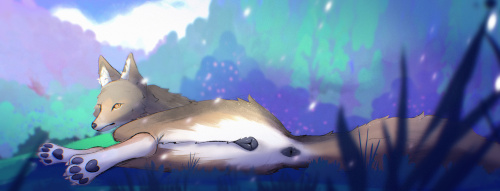 A feral wolf, lounging on their side in a small clearing in a forest.  Her rear is facing the viewer, with her tail lifted out of the way for full view of her tailhole and spade.  She is looking over her shoulder, back at the viewer, making eye contact with them