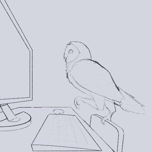 A sketch of a barn owl, perched on top of a chair's back, looking forward at a computer screen.  They have one Talon held forward, hovering overtop of the keyboard.