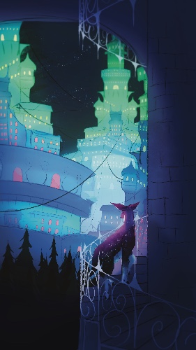 a castle-y cityscape at night, lit up with green and blue and pinkish colors.  closer to the viewer is a purple and pink deer, who is climbing a spiral staircase and looking at the city ahead of them.