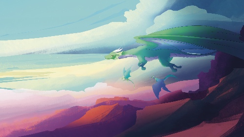 3 dragons, one close and the others in the distance, flying over ragged cliffs and rocks, with big clouds behind them