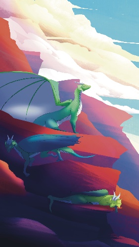 3 green dragons, on purple and red rocks along a cliffside.  The top dragon is sitting and looking up at the sky, with their wings splayed out.  The middle dragon, on a rock below the top dragon, is walking down to a lower rock.  The third, lowest down dragon, is laying asleep on another rock.  There are large clouds in the sky behind the cliffs.