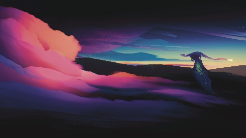 a dragon, with wings that look like they're glowing with stars and a nebula, flying overtop of clouds cast in the red and purple lights of sunset.  there are silhouetted mountains behind them.