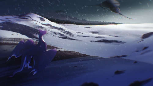 a purple dragon, standing on a top of a snowy hill or cliff side, overlooking a frozen landscape of mountains and hills that lead into a flatter area, with trees behind it.  There is a large, floating, sci fi ship in the distance that the dragon is looking at, as well as two smaller ships following the large one.