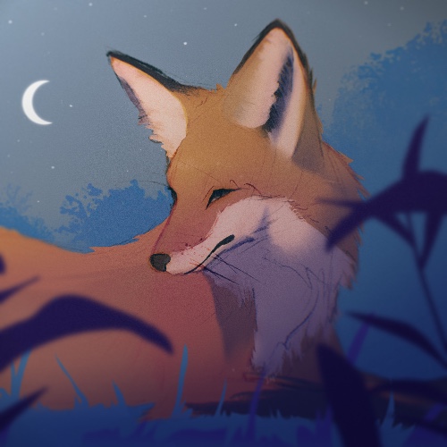 A digital painting of a fox laying on their stomach in a grassy  clearing, looking back over its shoulder.  Her head is lit up by a light source in front of her.  Behind it, the crescent moon and stars glow overtop the forest canopy.