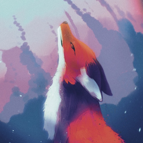 a sideview of a red fox, pointing their snout up at the sky with one eye focused towards the viewer.  Their fur is very vibrantly colored, with sharp oranges and reds, and deep blues and purples in the shadowed areas along their neck, the same color as their ears.  They have subtle glitchy effects on the underside of their neck and along their back.  Behind them is a cloudscape, made of blues and purples and pinks, all of the clouds moving in the direction the fox's snout is pointing in the sky