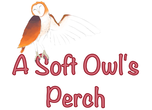 The text, 'A Soft Owl's Perch,' with a barn owl perching atop the S in 'Soft,' and waving one of their wings outwards at the reader 