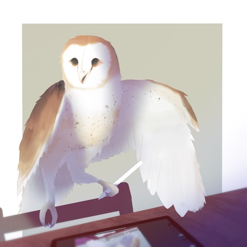 A barn owl perched with one leg on the top of a chair, and the other leg holding a stylus.  in front of them is an ipad on a table, which they are currently drawing the piece you are seeing on!