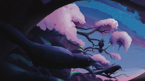 a view from a tree branch, overlooking other tree branches, at either sunset or sunrise.  The leaves on the trees are pink.  there are clouds and stars in the sky.  There are three ravens perching along the branches, each closer to the viewer than the last, one quite close to the viewer.