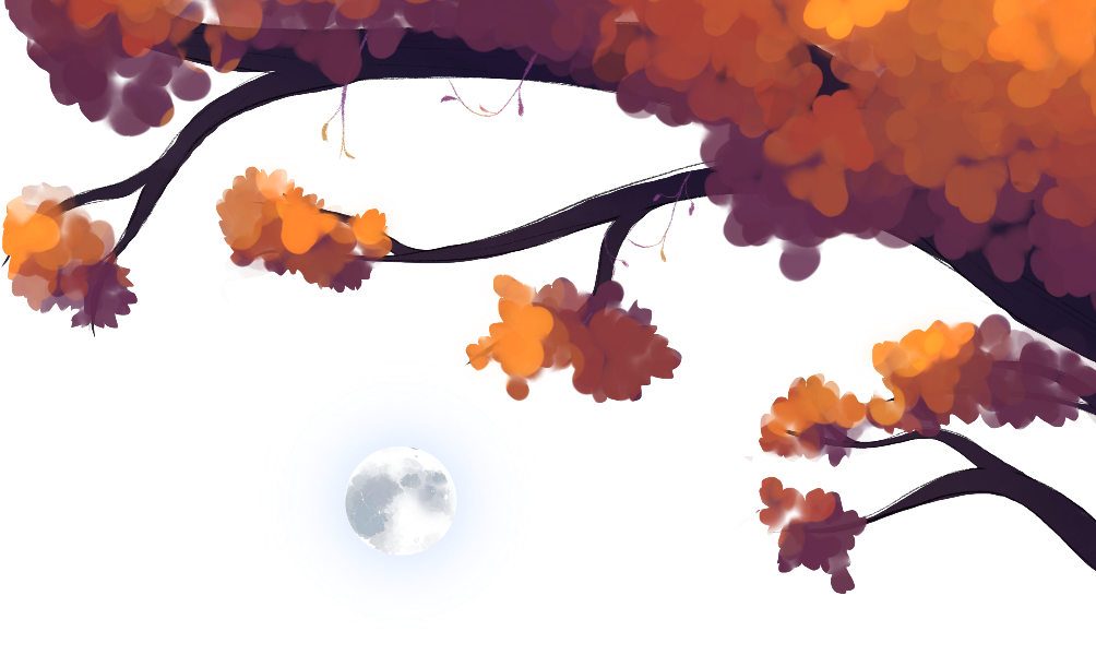 several tree branches at the top of the page, with the moon shining under them